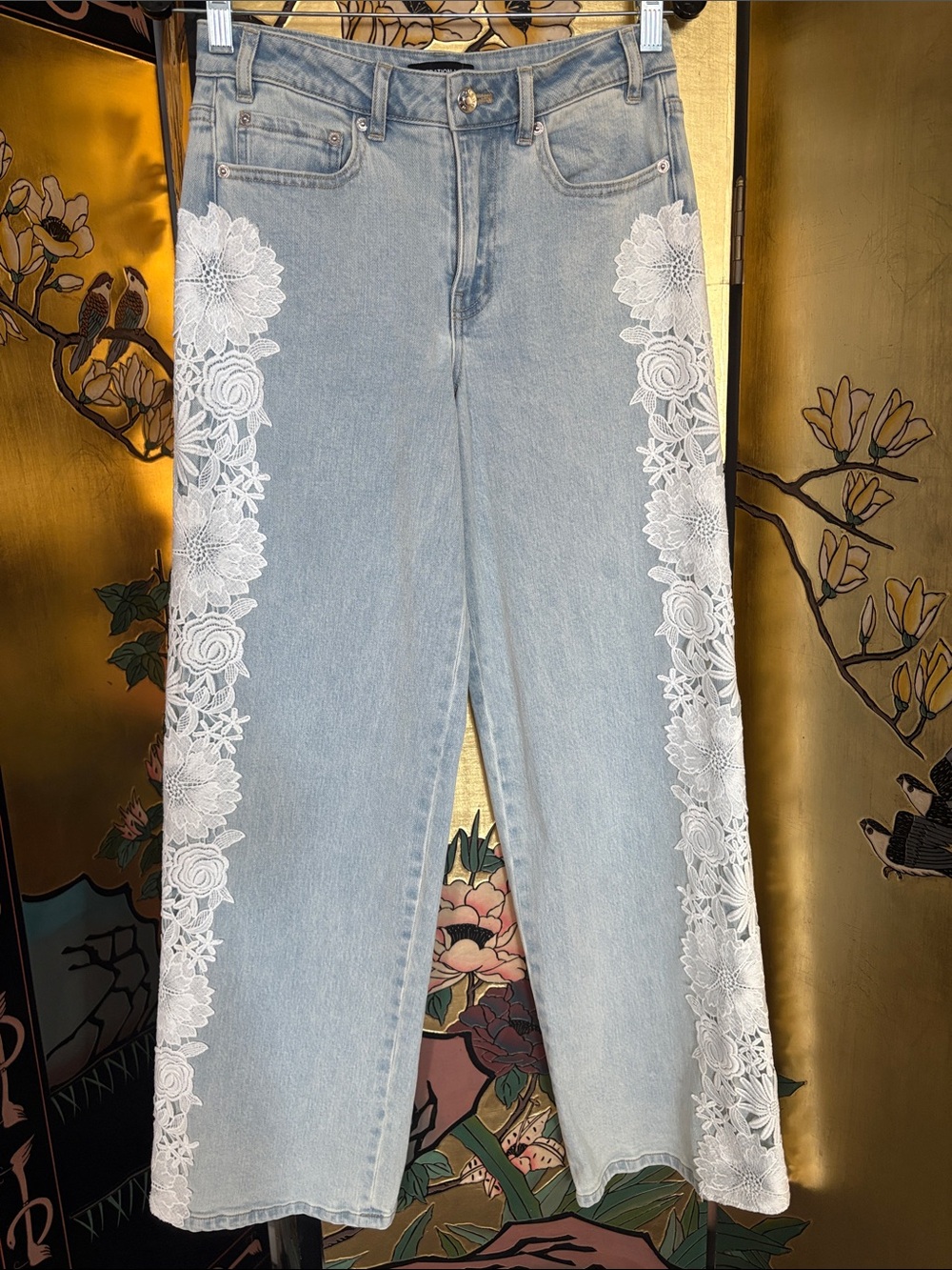 Generation Love Light Blue Flare Jeans with White Floral Lace Panels